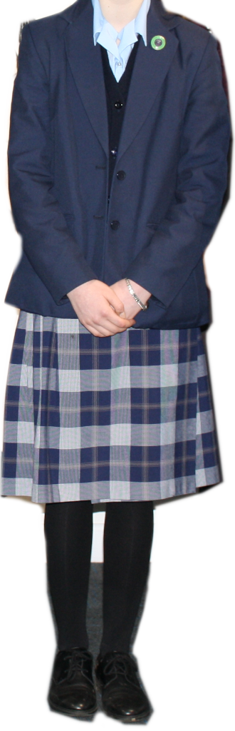 A sample uniform showing blouse, cardigan, blazer, kilt, tights and shoes